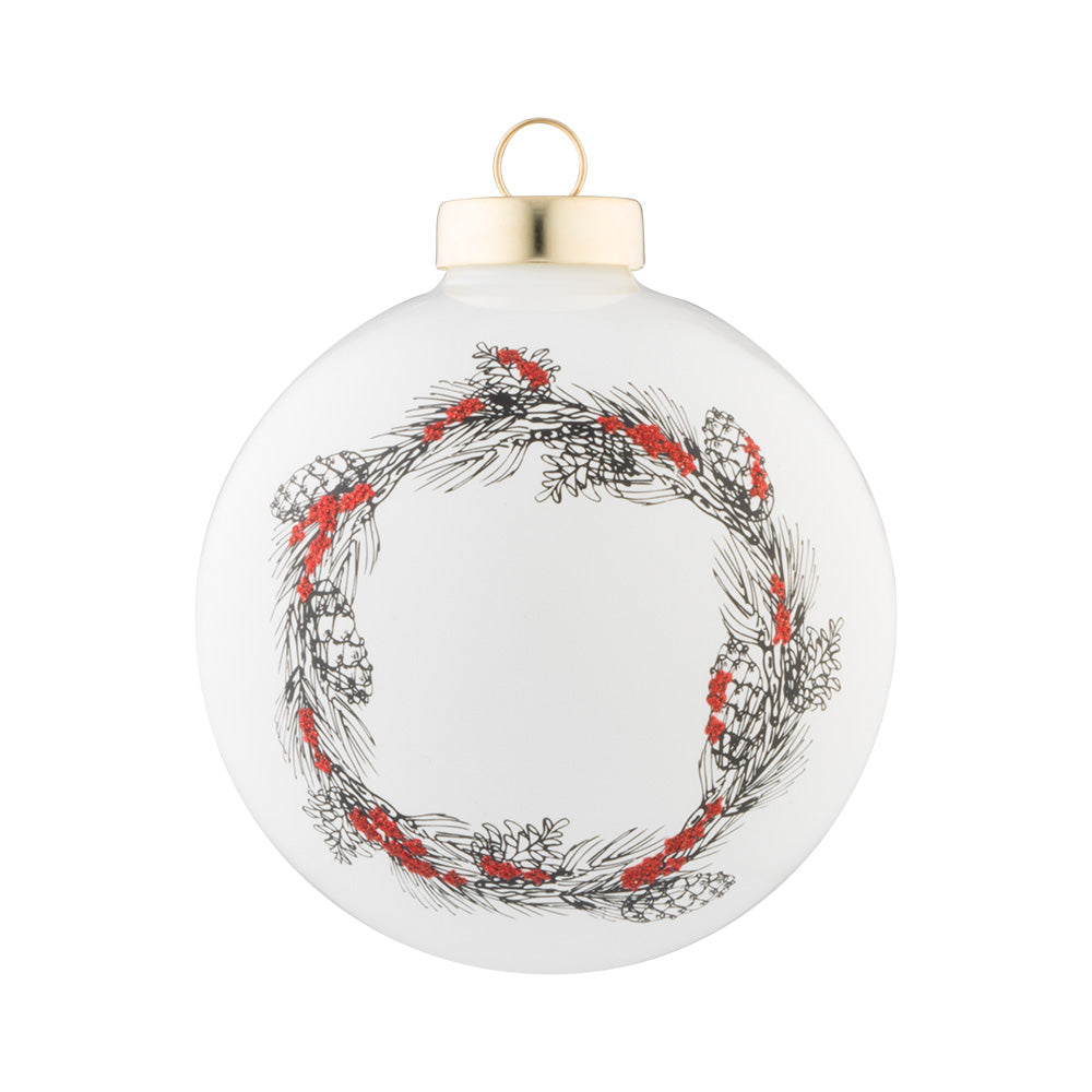 This frosted glass round is delicately decorated with a pinecone wreathe and red sparkled berries.