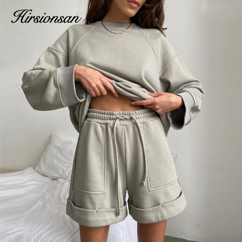 「loveccr」Hirsionsan Soft Cotton Sets Women  New Casual Two Pieces Long Sleeve Sweatshirt &amp; High Waist Shorts Solid Outfits Tracksuit