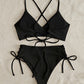 Sexy Bikini Women Swimsuit  New Black Lace Up Ribbed Swimwear High Waist Bikinis Set Summer Beach Bathing Suit For Female XL