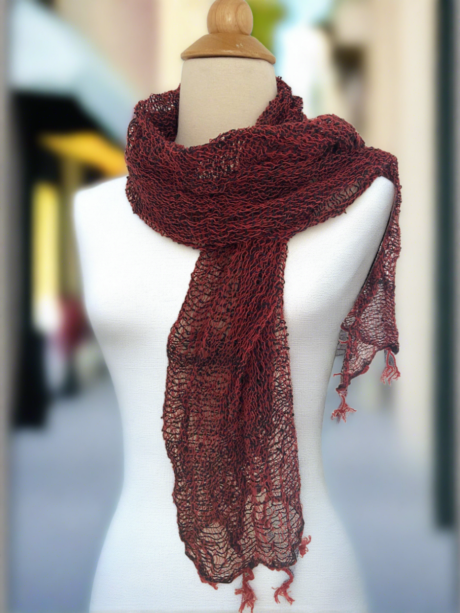 Handwoven Open Weave Cotton Scarf - Red-Black