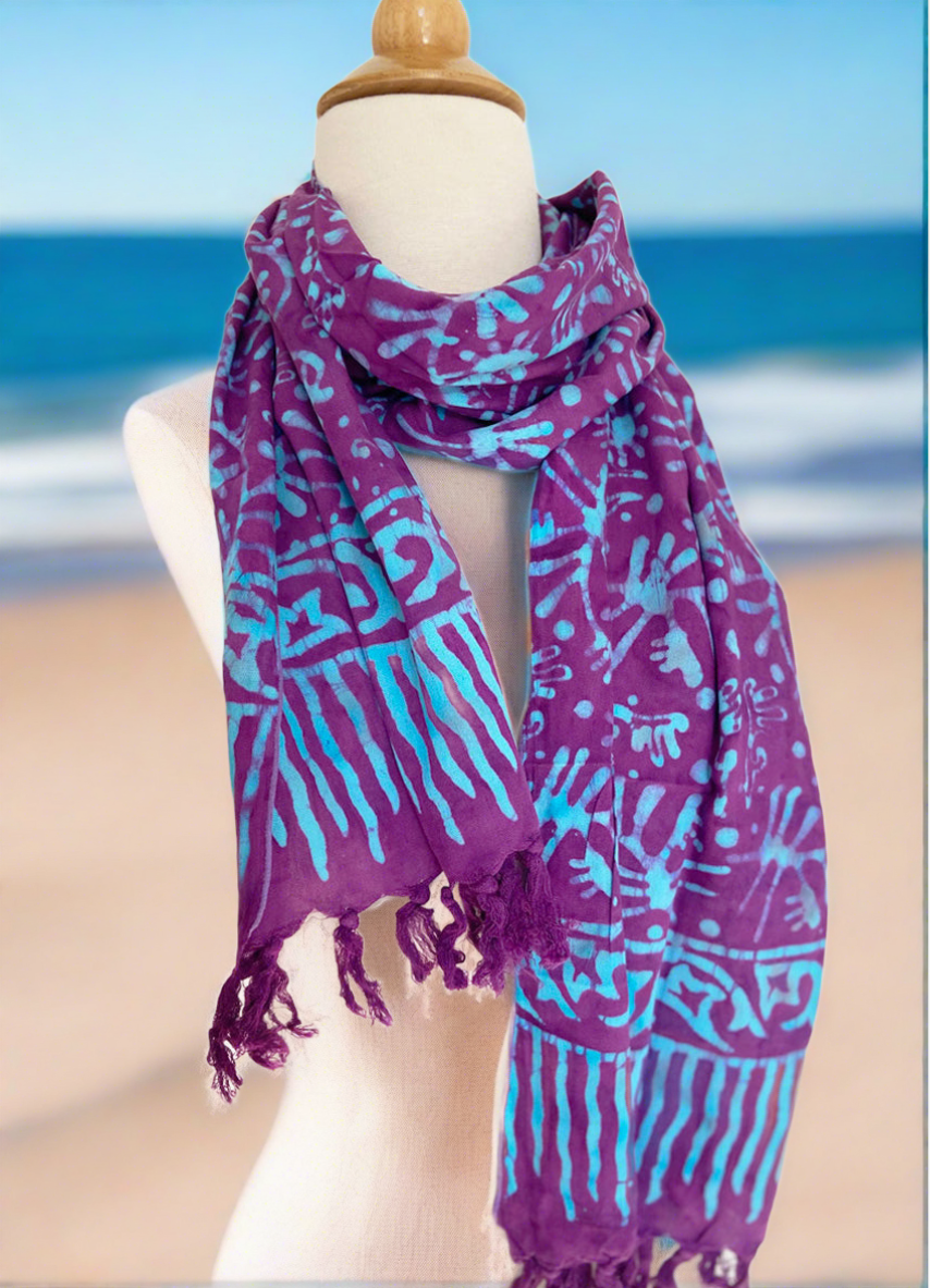 Handmade Batik Rayon Fringe Scarf - Plum-Turquoise