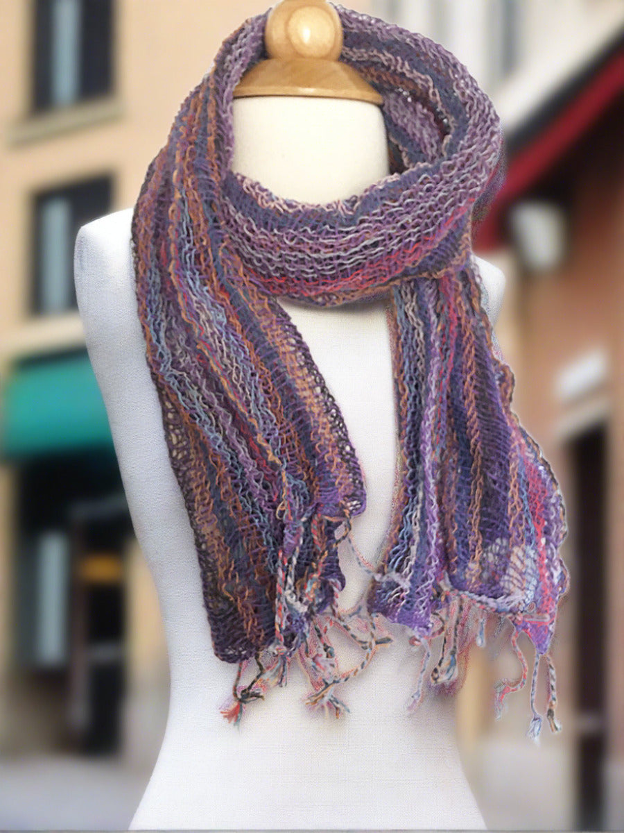 Handwoven Open Weave Cotton Scarf - Multicolor Purple