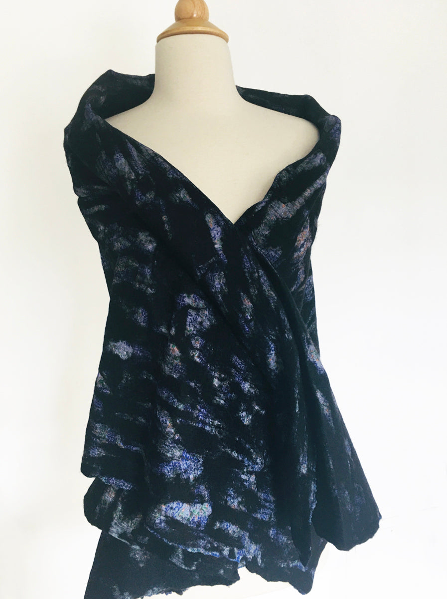 Black-Iridescent Nuno Felted Wool-Sari Silk 