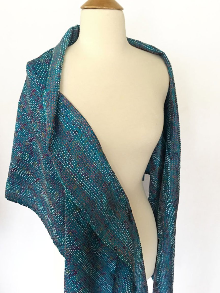 Kantha Silk Stole-Scarf - Blue/Purple/Magenta