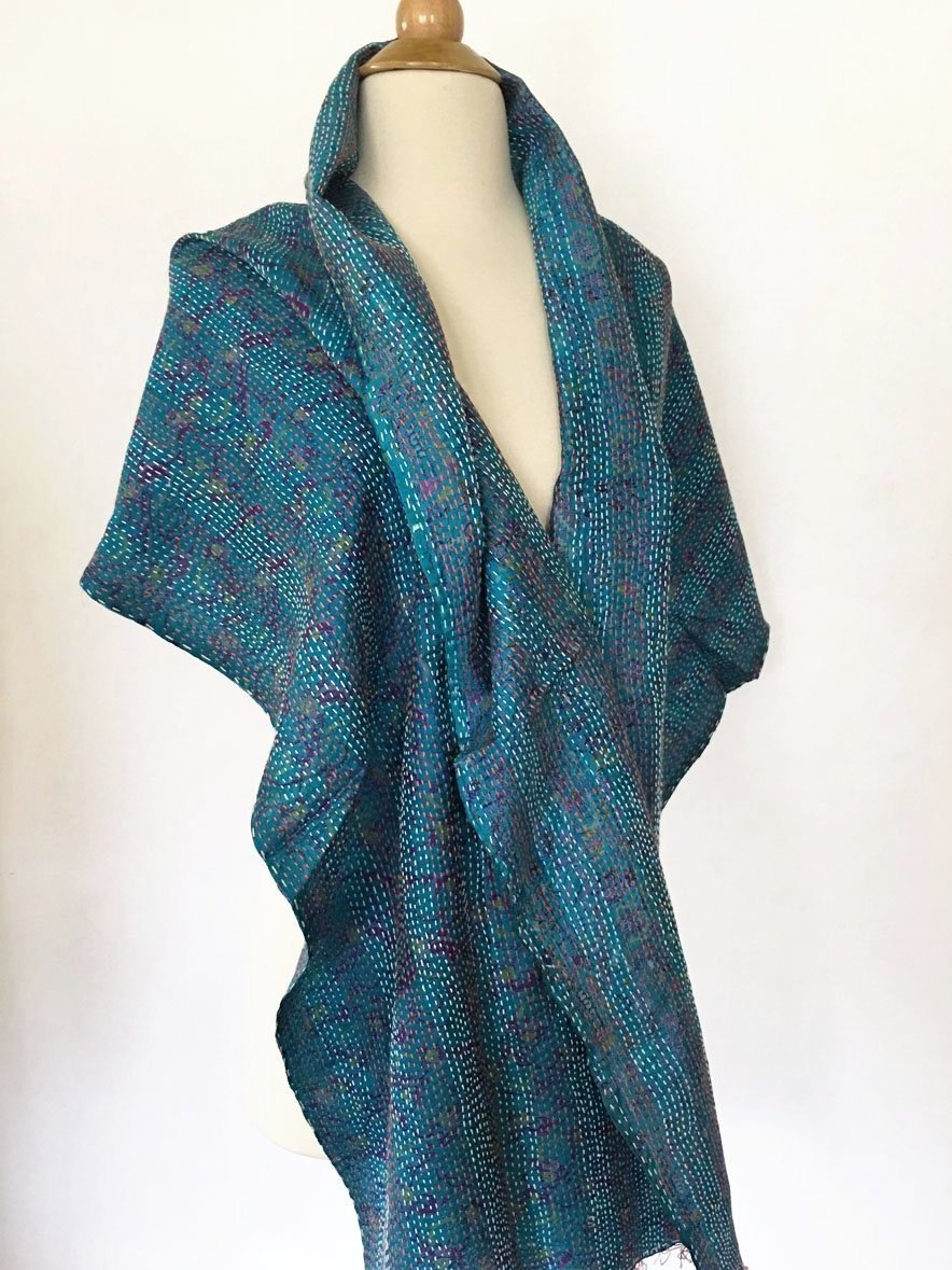 Kantha Silk Stole-Scarf - Blue/Purple/Magenta