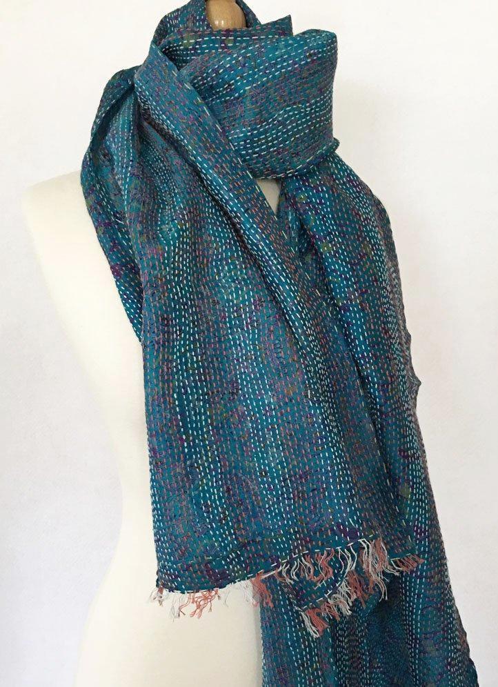 Kantha Silk Stole-Scarf - Blue/Purple/Magenta