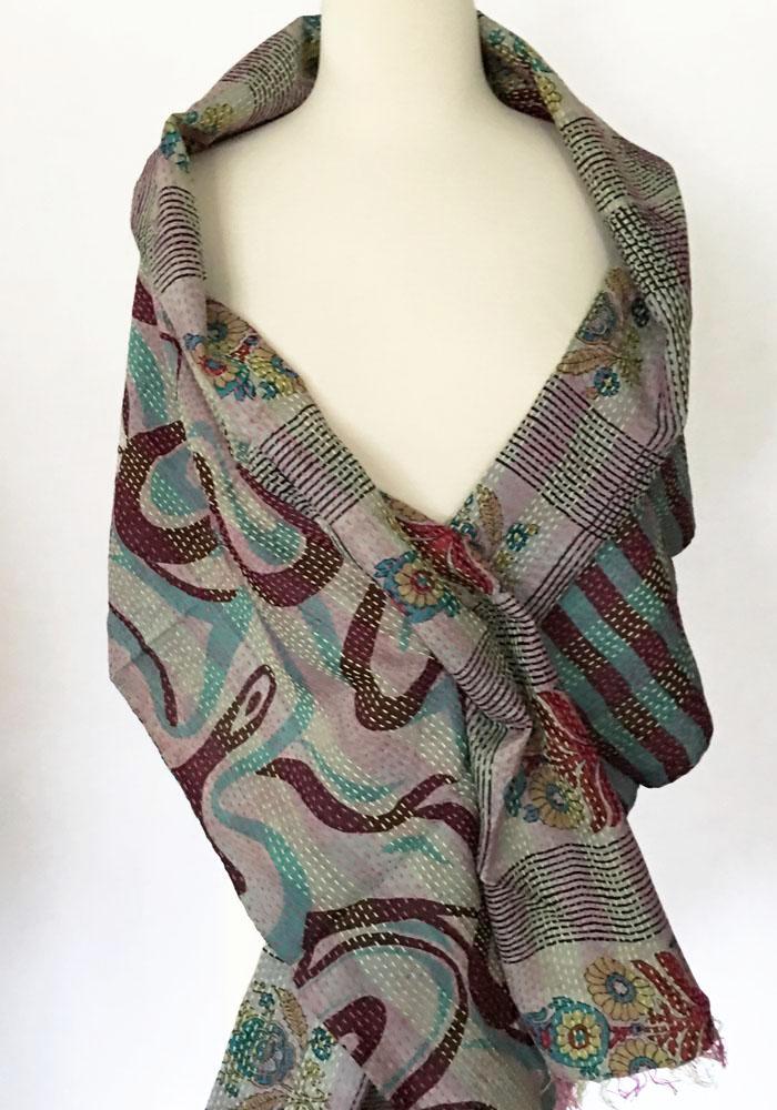 Kantha Silk Reversible Stole-Scarf - Teal/Brown