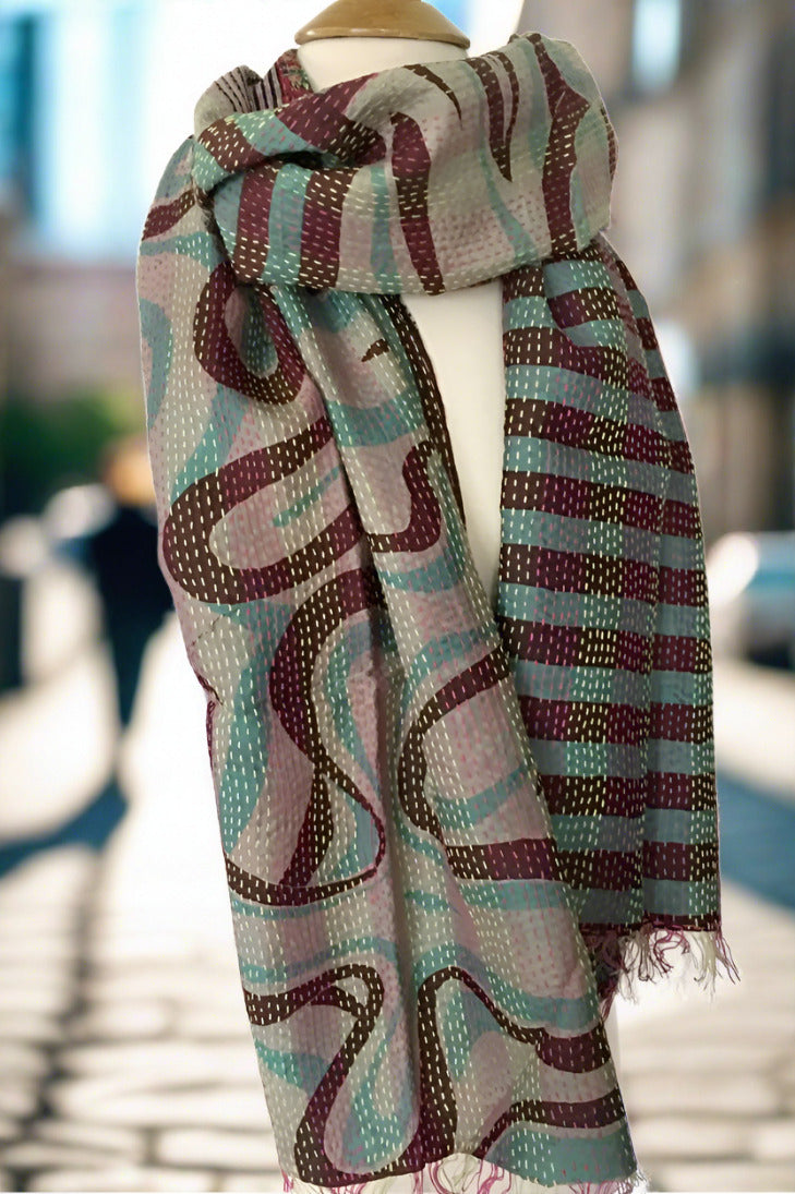 Kantha Silk Reversible Stole-Scarf - Teal/Brown