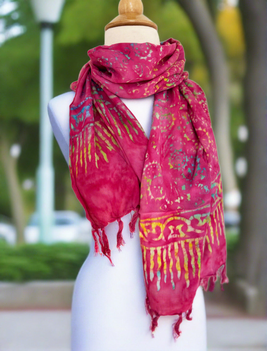 Handmade Batik Rayon Fringe Scarf - Dark Pink Multi