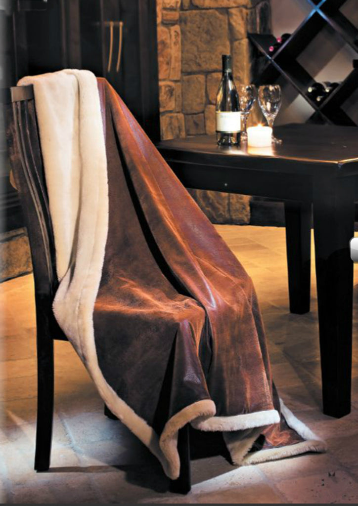 Vintage Brown Faux Leather Throw Blanket w/Pearl Faux Fur|Decorating O
