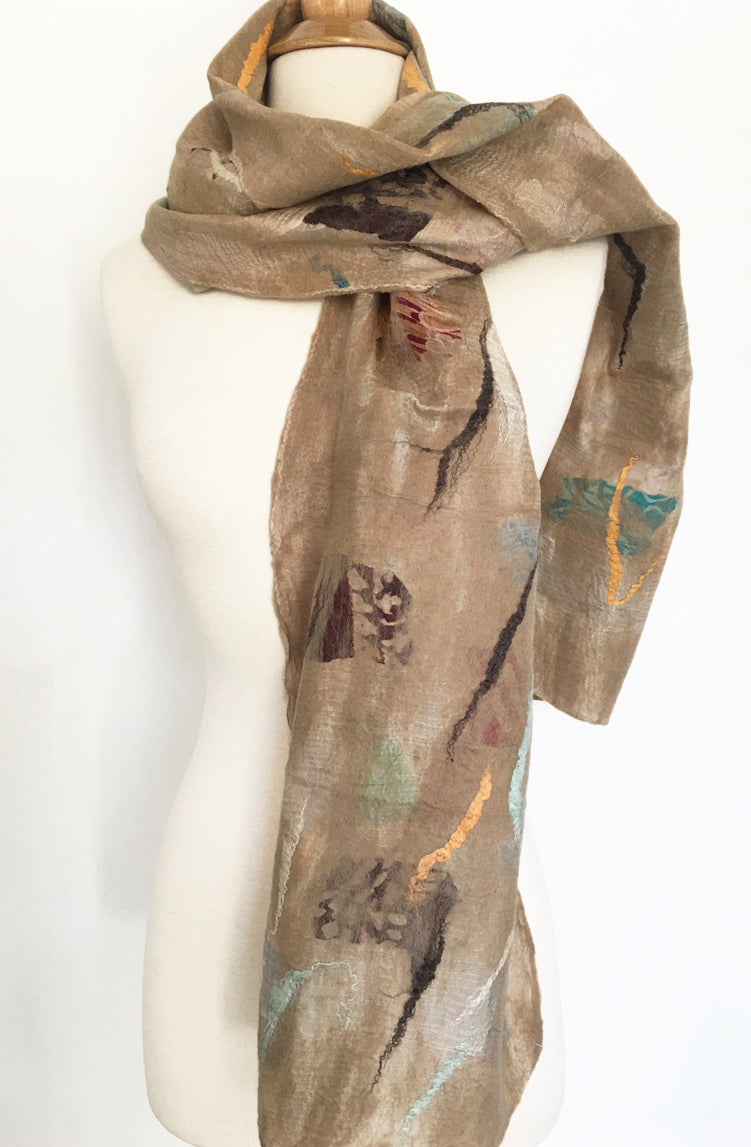 Champagne Nuno Felted Merino Wool-Sari Silk Scarf|One-of-a-Kind Wearable Art