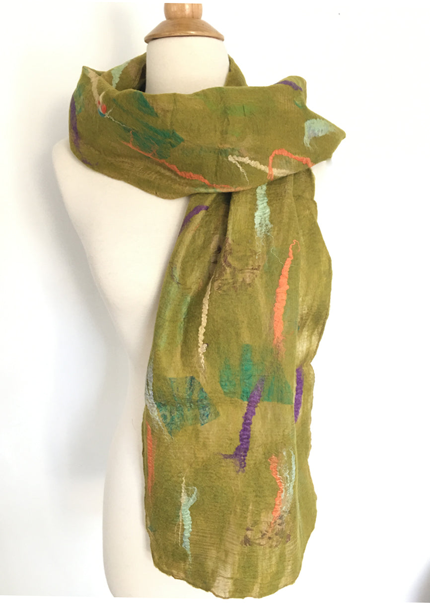 Chartreuse Nuno Felted Merino Wool-Sari Silk Scarf|One-of-a-Kind Wearable Art