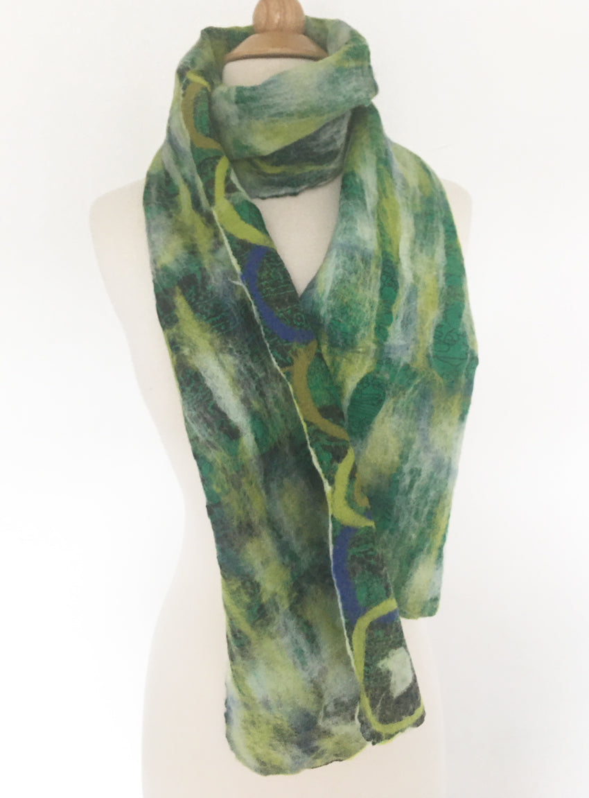 Green Felted Sari Circle Scarf|One-of-a-Kind Wearable Art