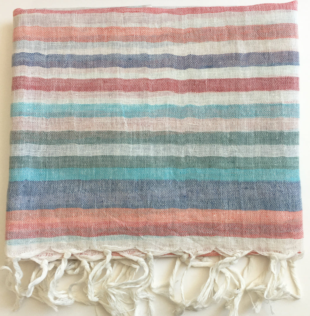 Linen Striped Stole w/Fringe - Multi Coral