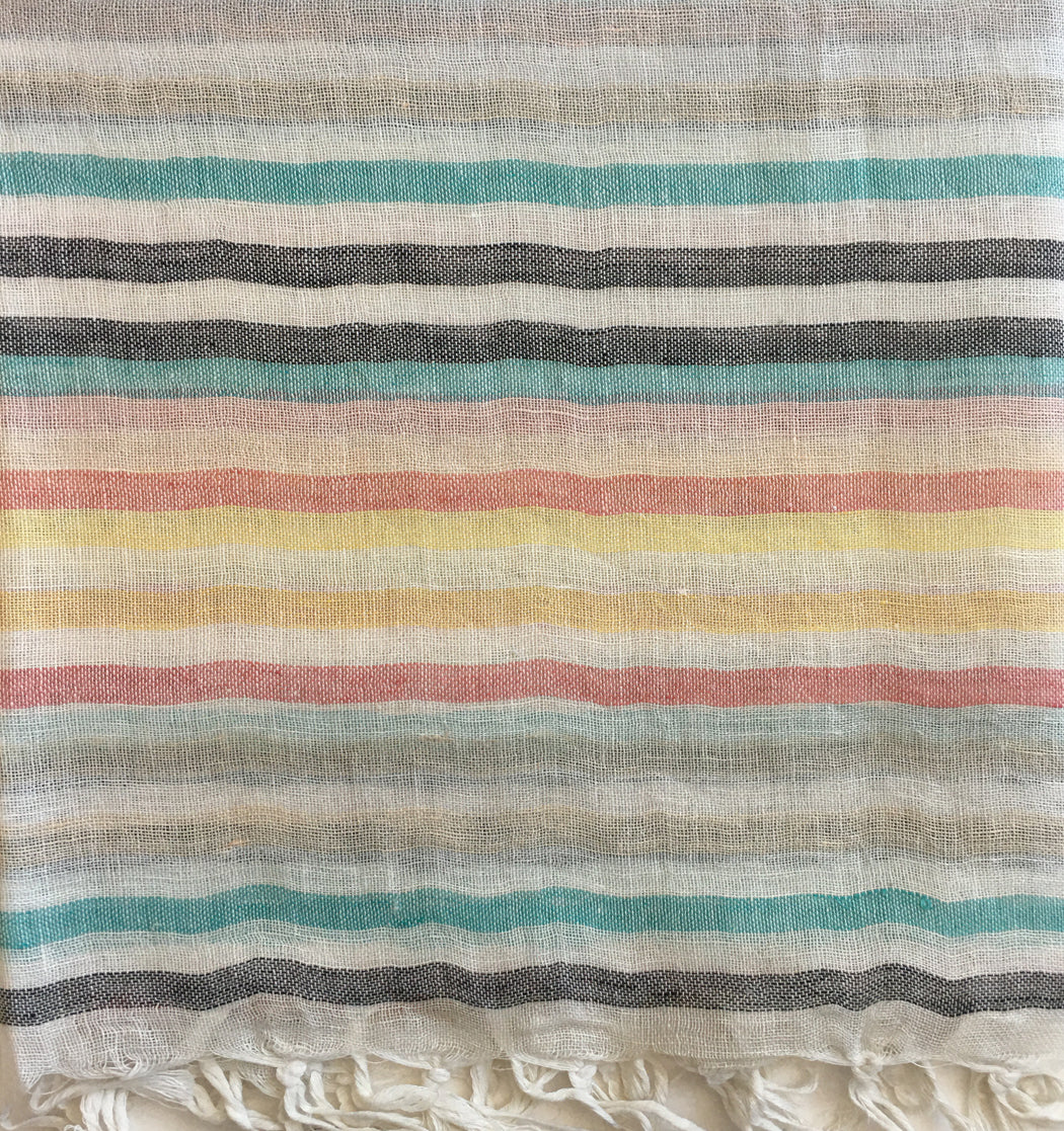 Linen Striped Stole w/Fringe - Multi Lemon