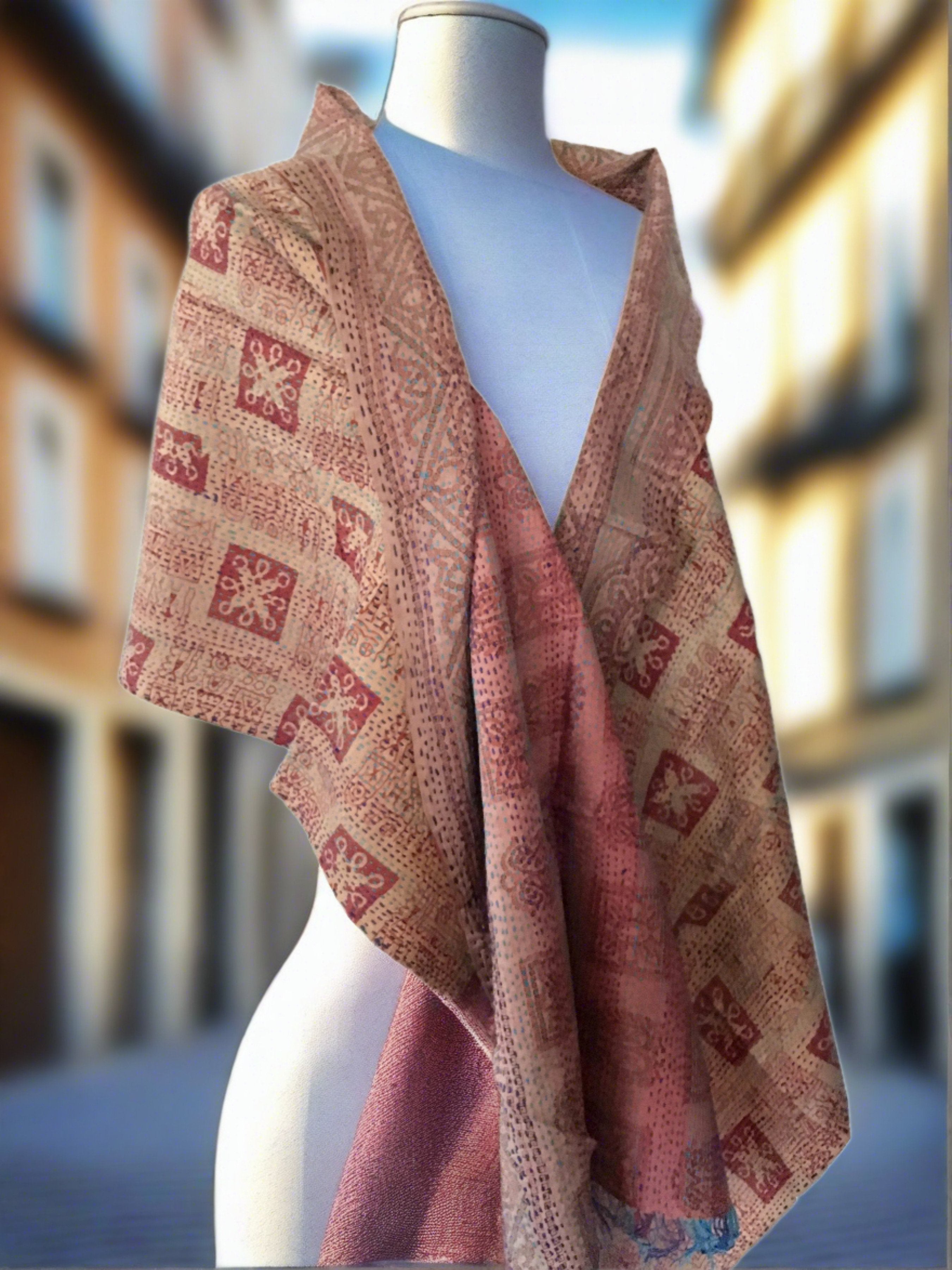 Kantha Silk Reversible Scarf-Stole - Rose/Tan