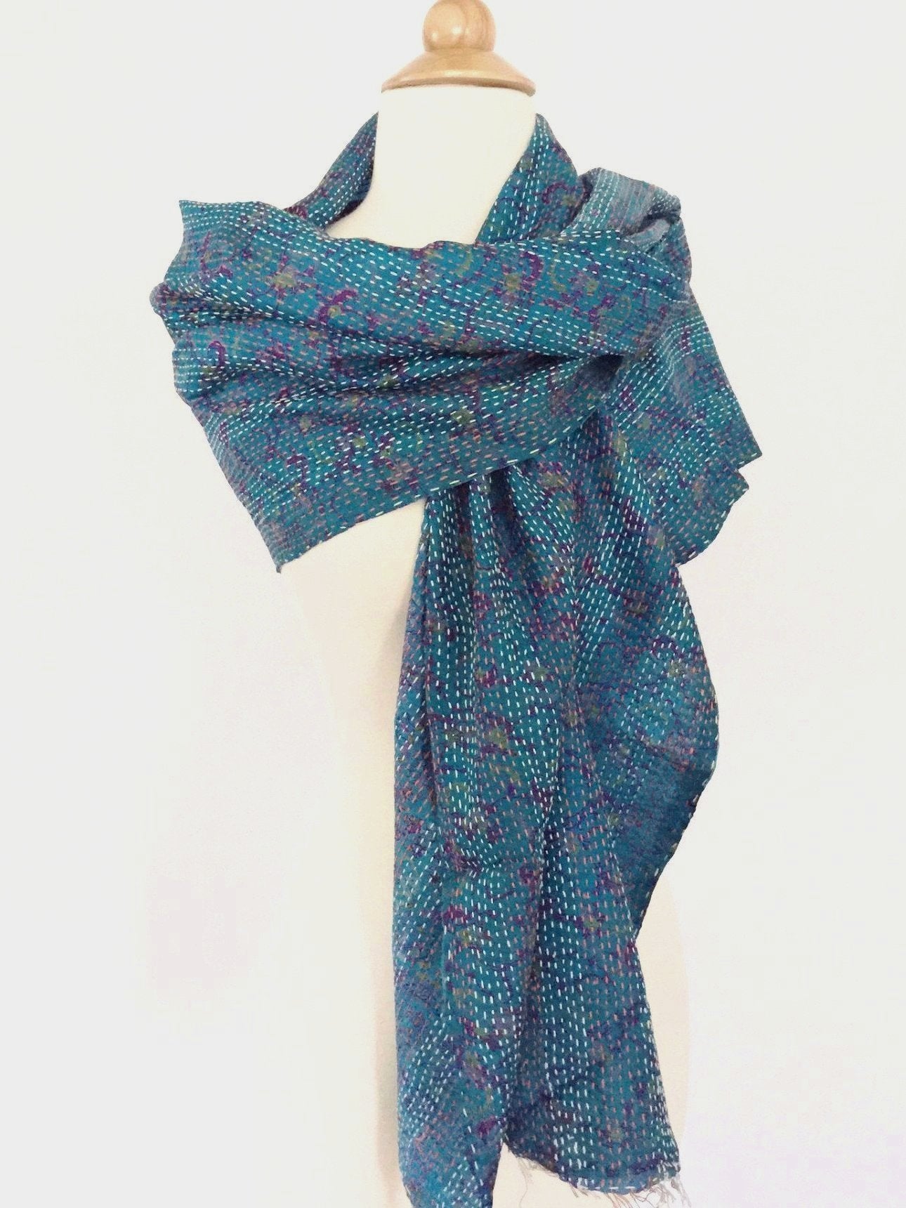 Kantha Silk Stole-Scarf - Blue/Purple/Magenta