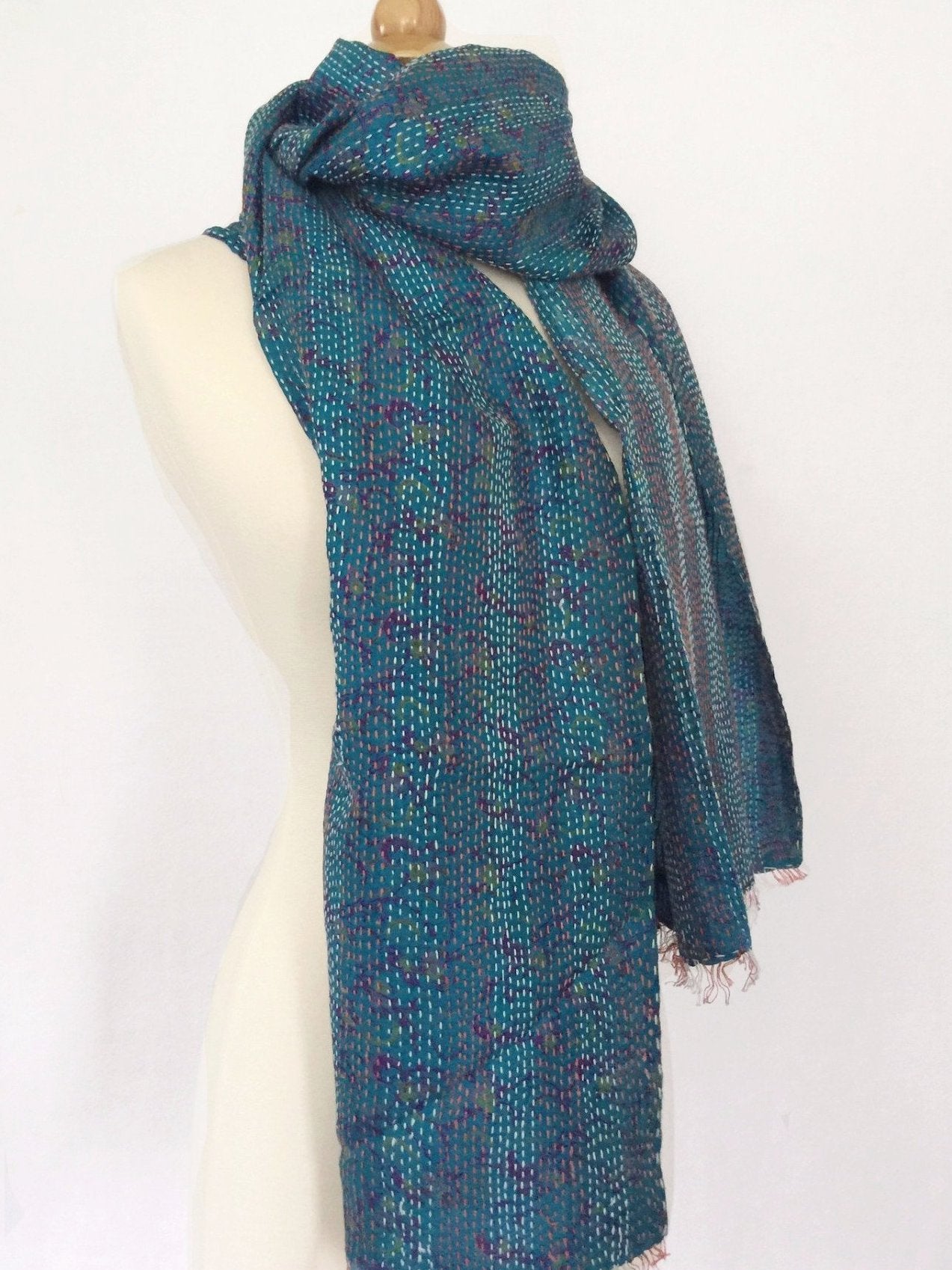 Kantha Silk Stole-Scarf - Blue/Purple/Magenta