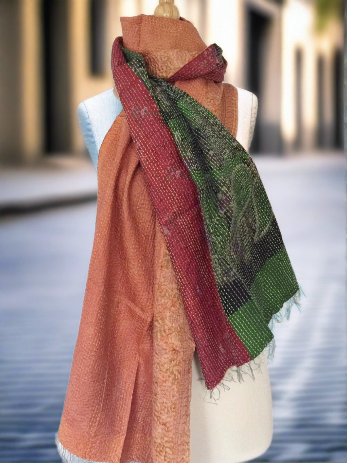 Kantha Silk Reversible Scarf-Stole  - Red/Orange/Green