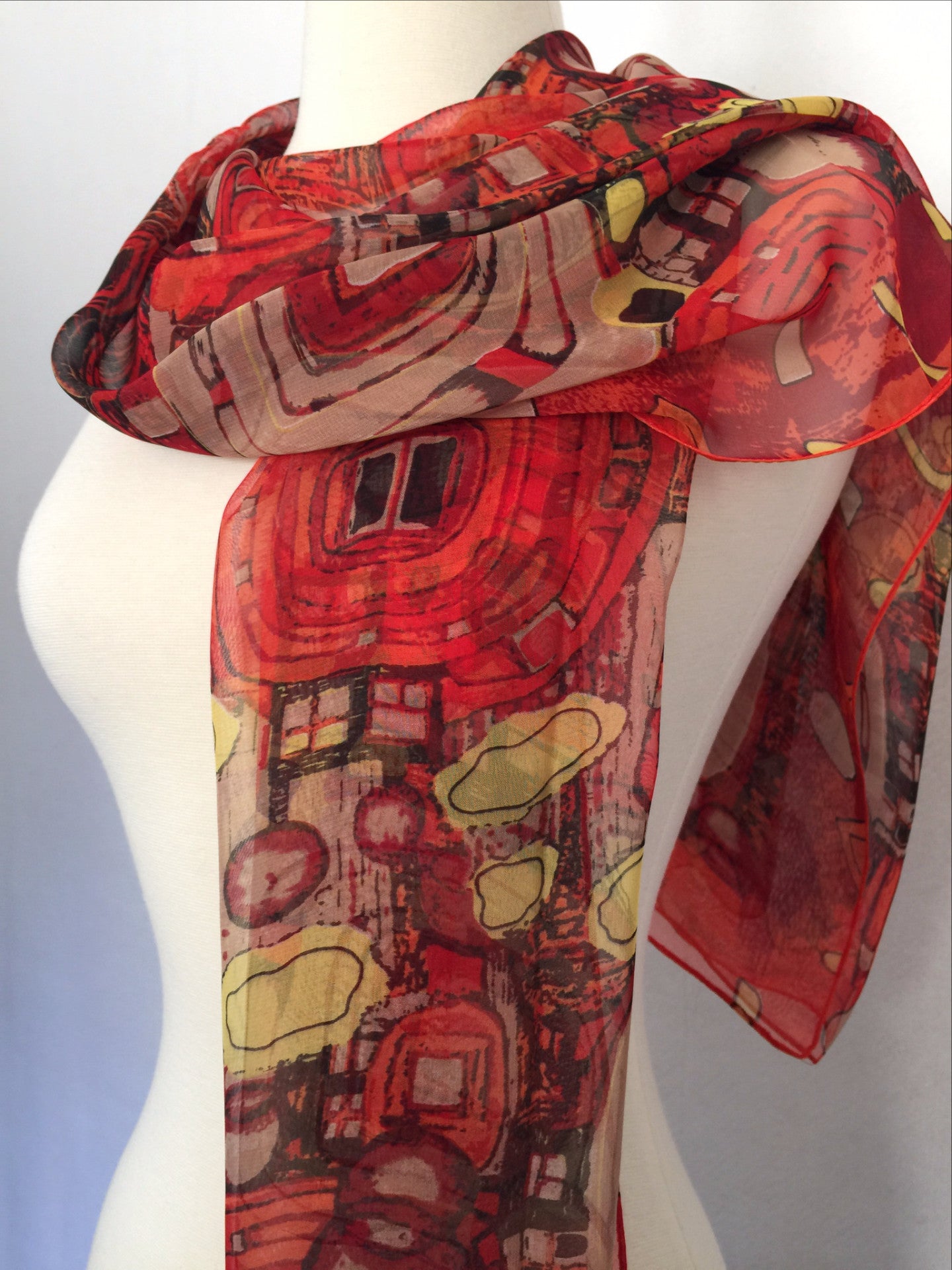 Gustav Klimt Abstract Scarf - Red/Gold/Black/Cream