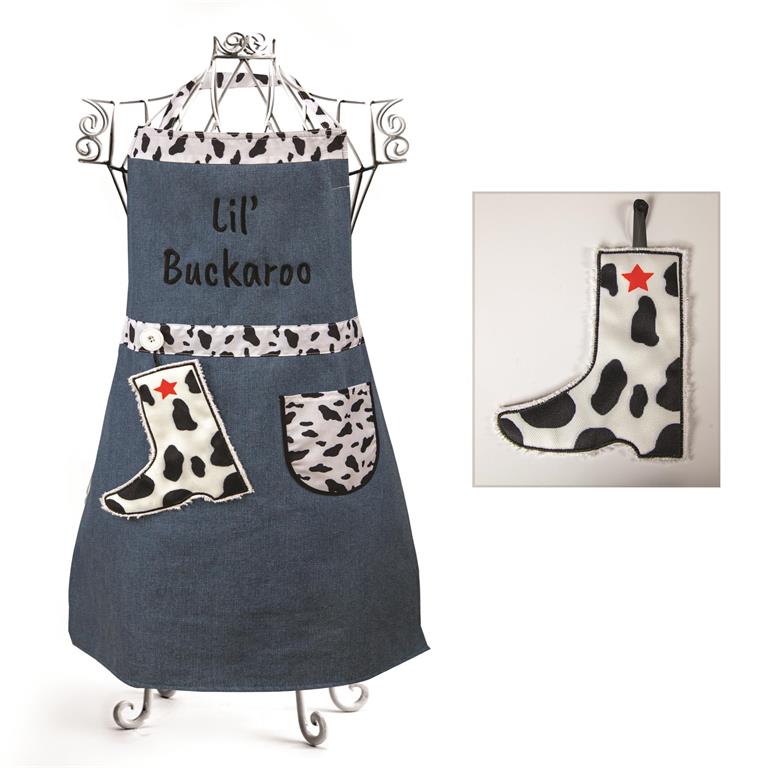 Izzy© Lil' Buckaroo Gray, Black-White Child's Apron + Hand Towel Set