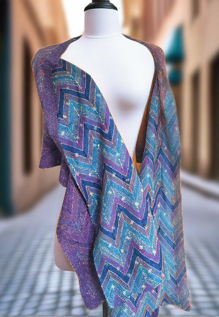 Kantha Silk Reversible Scarf-Stole - Purple Blue Zig Zag