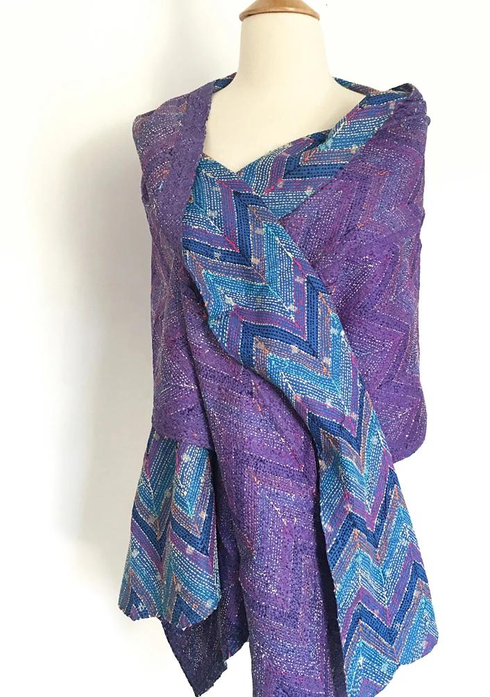 Kantha Silk Reversible Scarf-Stole - Purple Blue Zig Zag