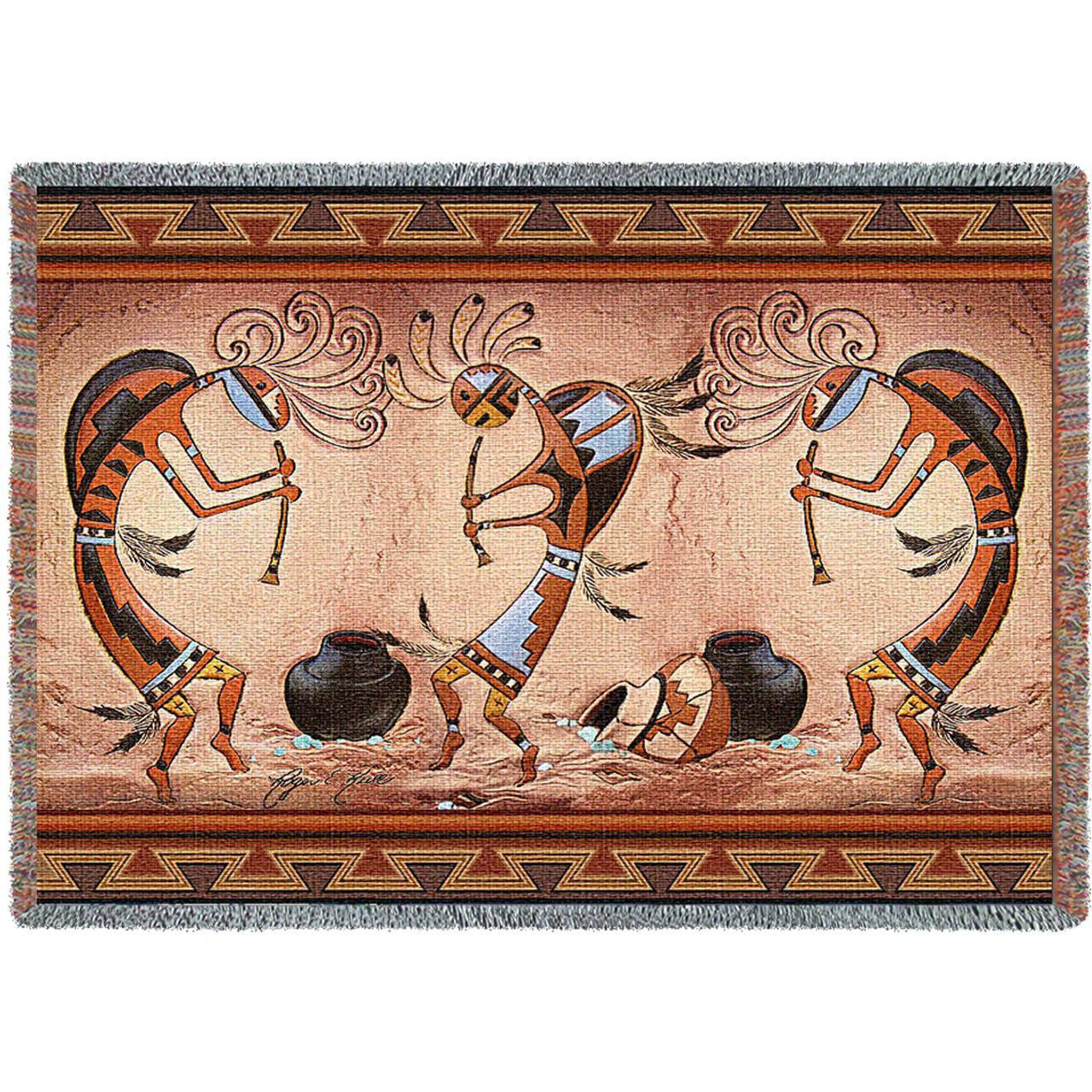 Southwest Kokopelli Pot Dance Woven Throw Blanket by Donna Polivka©