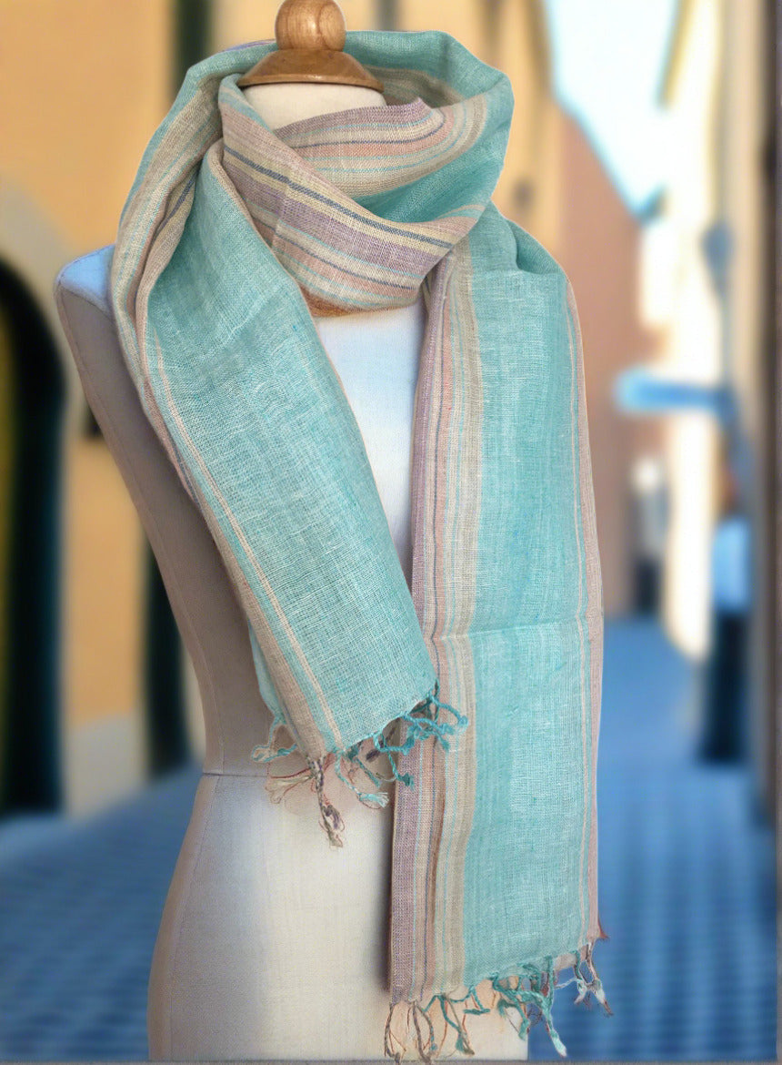 Linen Striped Scarf-Stole w/Fringe - Light Aqua/Tan