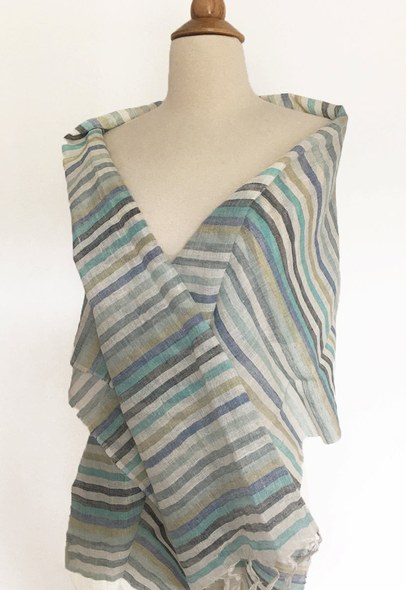 Linen Striped Stole w/Fringe - Multi Aqua