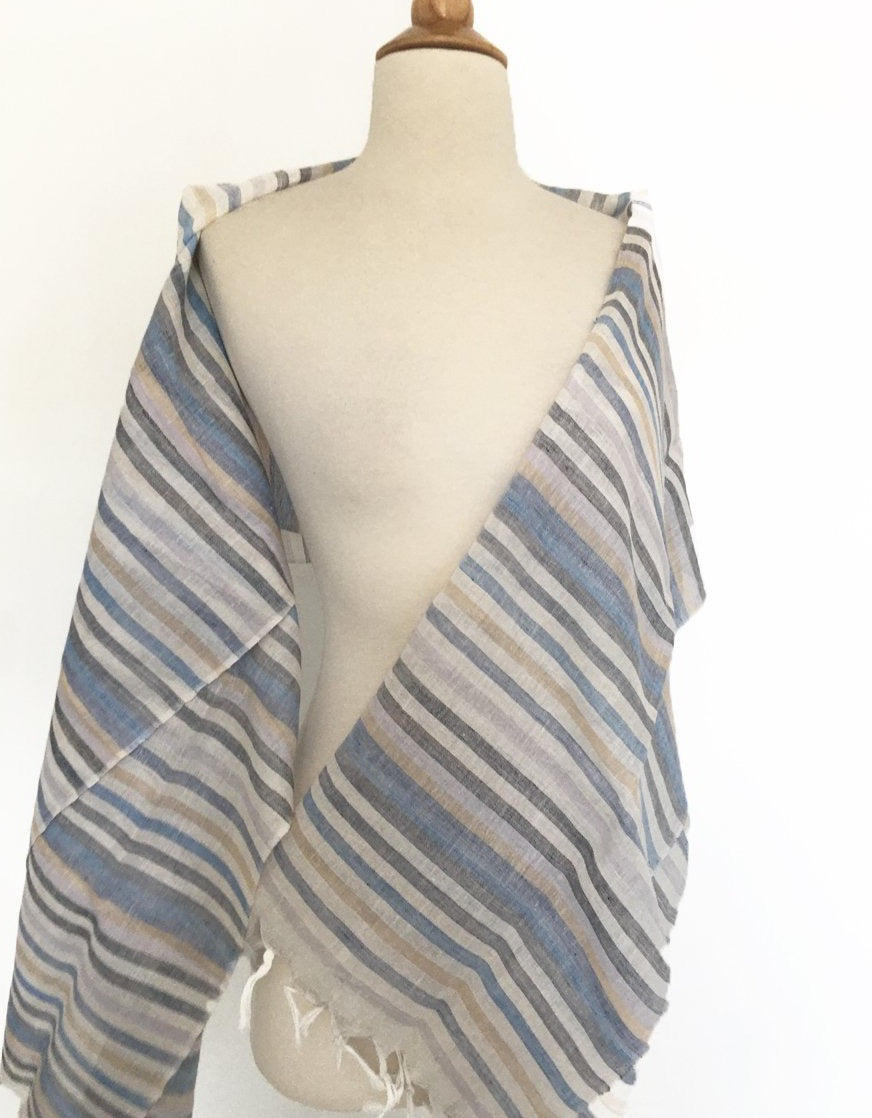 Linen Striped Stole w/Fringe - Multi Blue