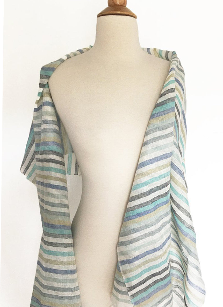 Linen Striped Stole w/Fringe - Multi Aqua