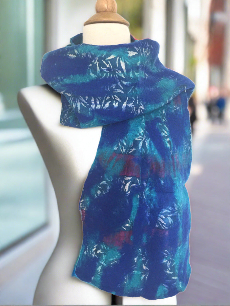 Turquoise-Blue Nuno Felted Merino Wool-Silk Sari Scarf - One-of-a-Kind Wearable Art