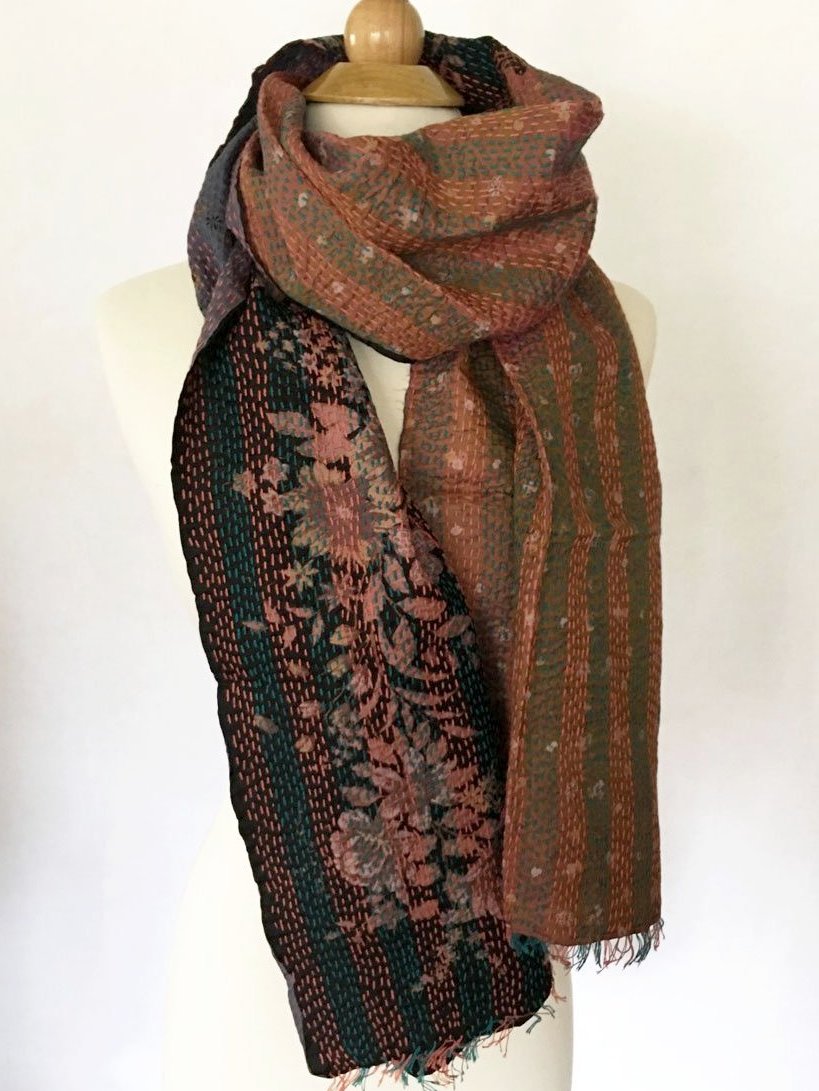 Kantha Silk Reversible Scarf-Stole - Mauve/Teal