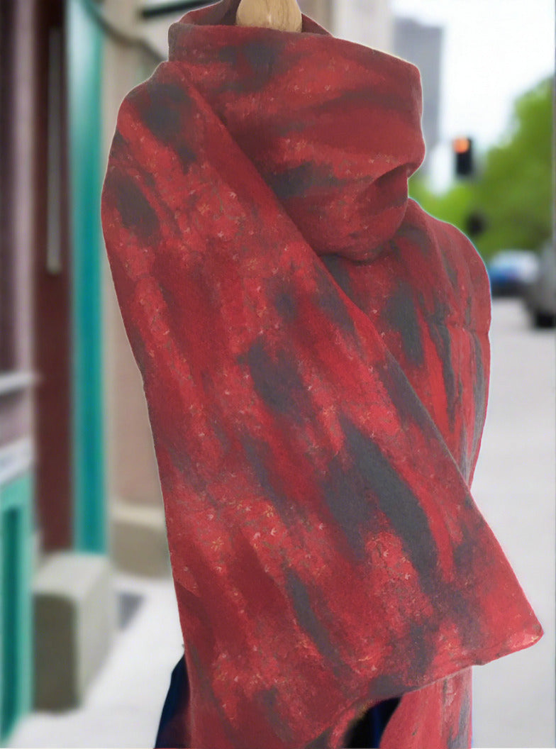 Red-Gray Nuno Felted Merino Wool-Sari Silk Scarf|One-of-a-Kind Wearable Art