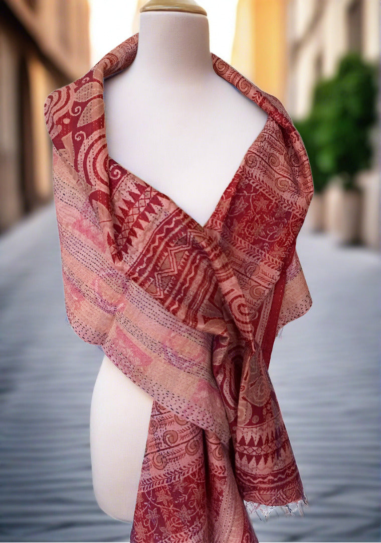 Kantha Silk Reversible Stole-Scarf  - Red/Mauve