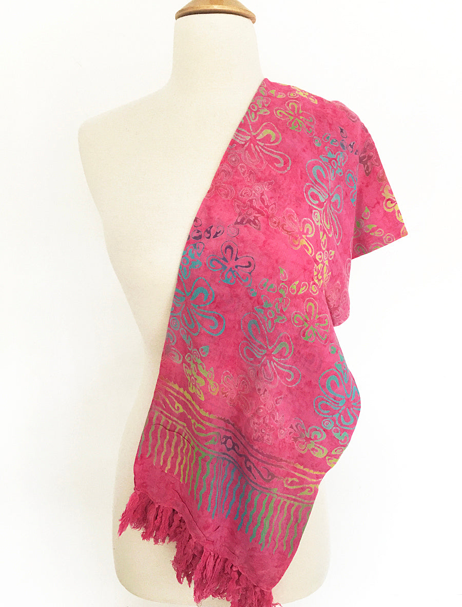 Batik Rayon Sarong with Fringed Ends -French Rose Multi