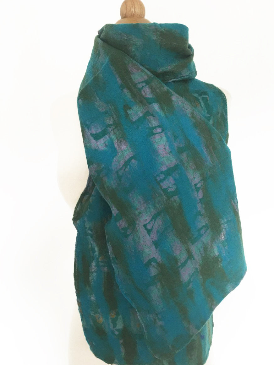 Turquoise-Green Nuno Felted Merino Wool-Silk Sari Scarf|One-of-a-Kind Wearable Art