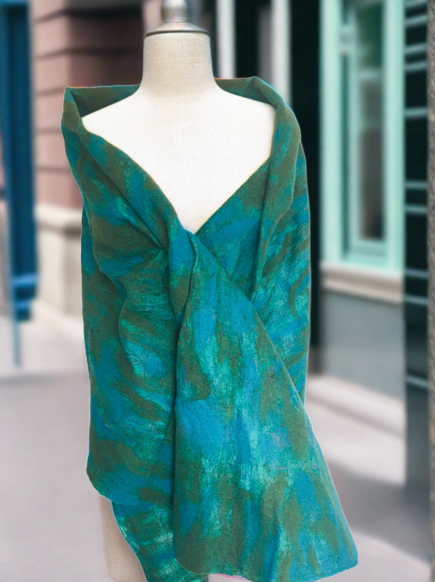 Turquoise-Green Nuno Felted Wool-Sari Silk 