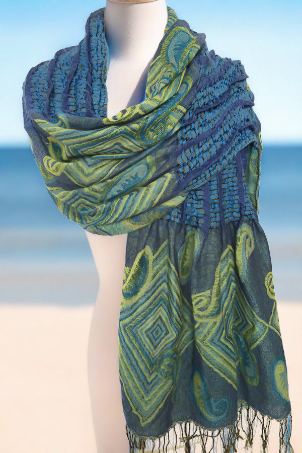 Woven Reversible Ruffled Scarf/Shawl - Sea Treasures