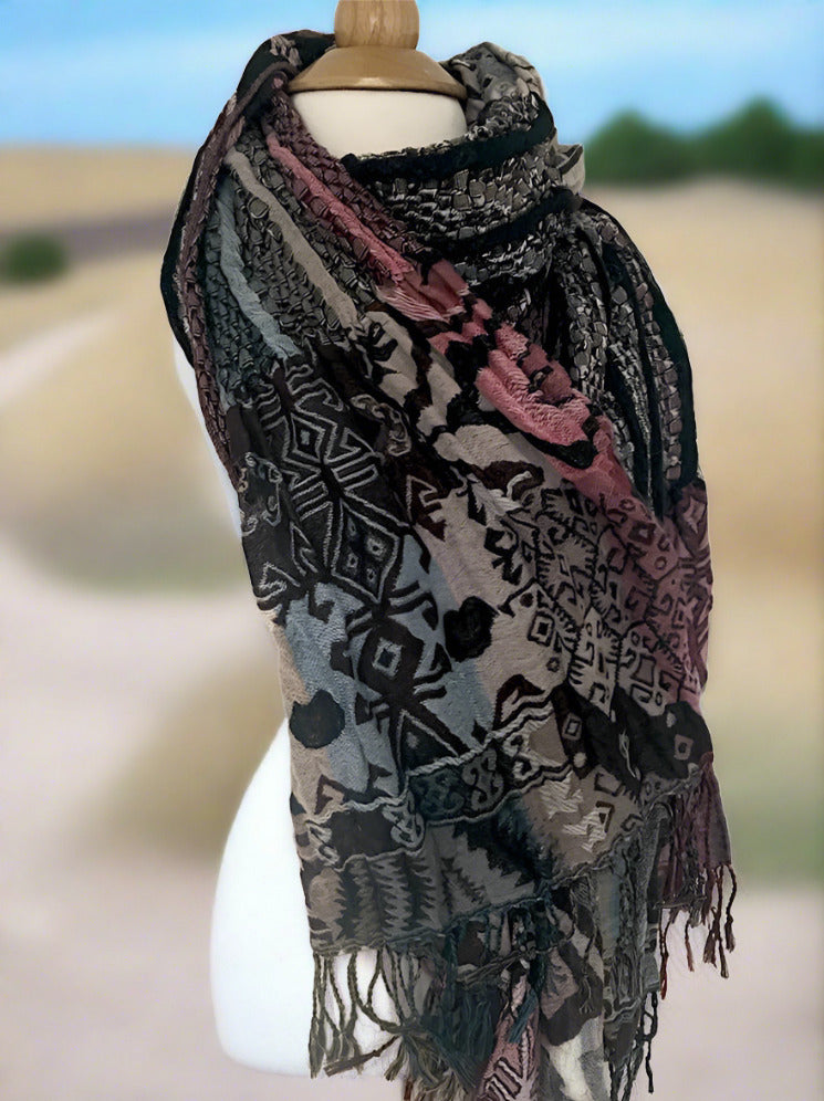 Woven Reversible Ruffled Scarf/Shawl - Native Dance