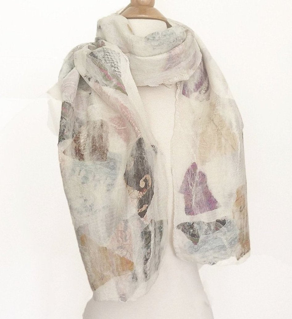 Winter White Nuno Felted Merino Wool-Sari Silk Scarf|One-of-a-Kind Wearable Art