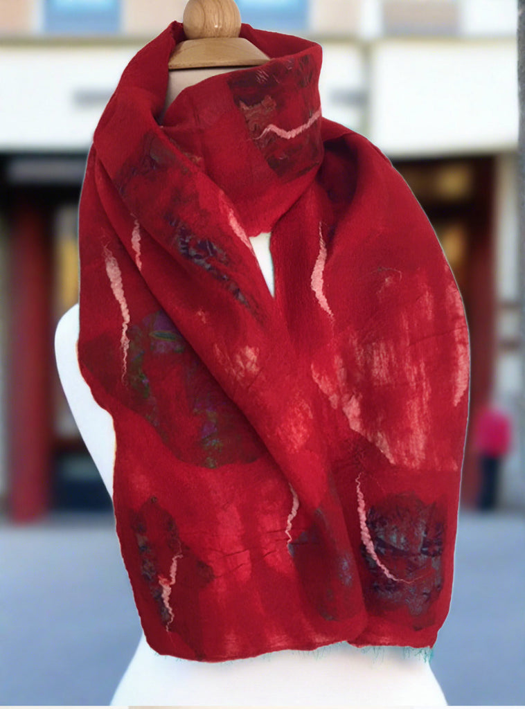 Red Nuno Felted Merino Wool-Sari Silk Scarf|One-of-a-Kind Wearable Art ...
