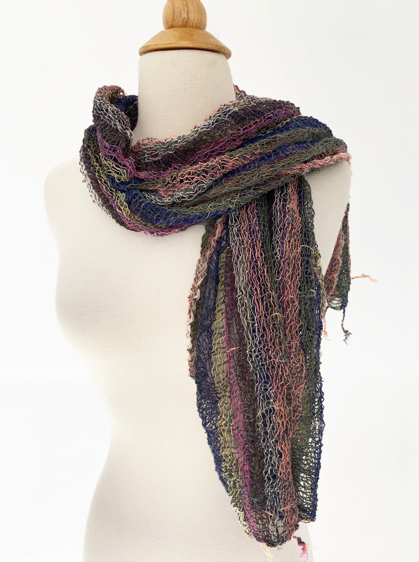 Handwoven Open Weave Cotton Scarf - Multicolor Blue Peach olive