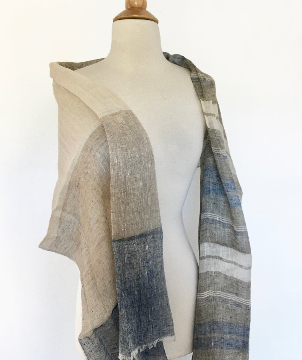 Linen Striped Stole - Navy/Gray-Taupe/Ivory