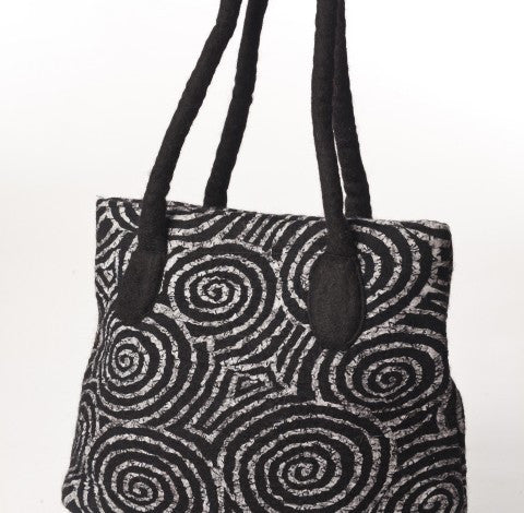 Felted Wool/Cotton Pop Art Tote Shoulder Bag - Black Swirls One-of-a-Kind