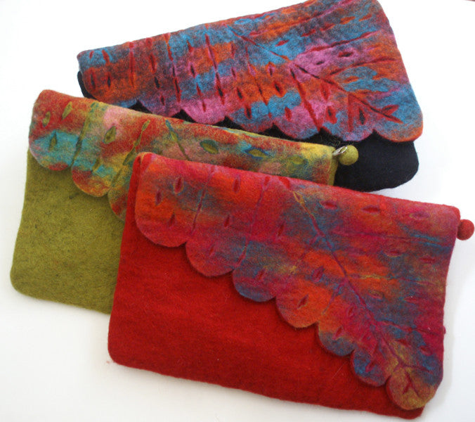 Nuno Felted Wool Leaf Clutch Bag One-Of-A-Kind Handmade|Teal, Black, Red, Chartreuse