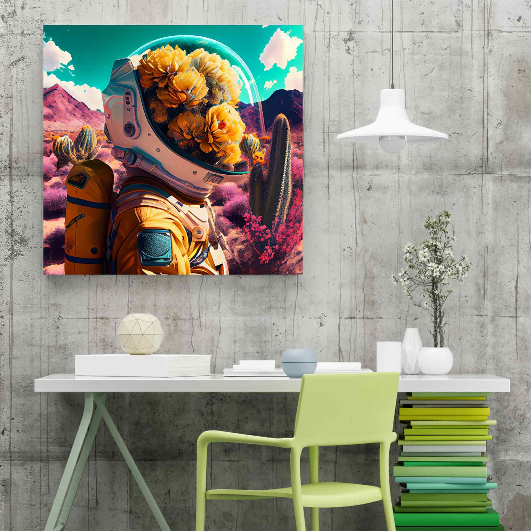 Flower Astronaut Print | Canvas wall art print by Wall Nostalgia. Custom Canvas Prints, Made in Calgary, Canada | Large canvas prints, canvas wall art canada, canvas prints canada, canvas art canada, Flower Astronaut Wall Art, Trendy wall art canada, Trendy wall art prints canada, astronaut wall art prints, flower head, dopamine decor art, maximalist wall art