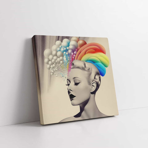 square canvas wall art canada, square canvas prints canada, square canvas wall art print of a surreal scene where a vintage woman has bubbles and rainbow coming out of her head