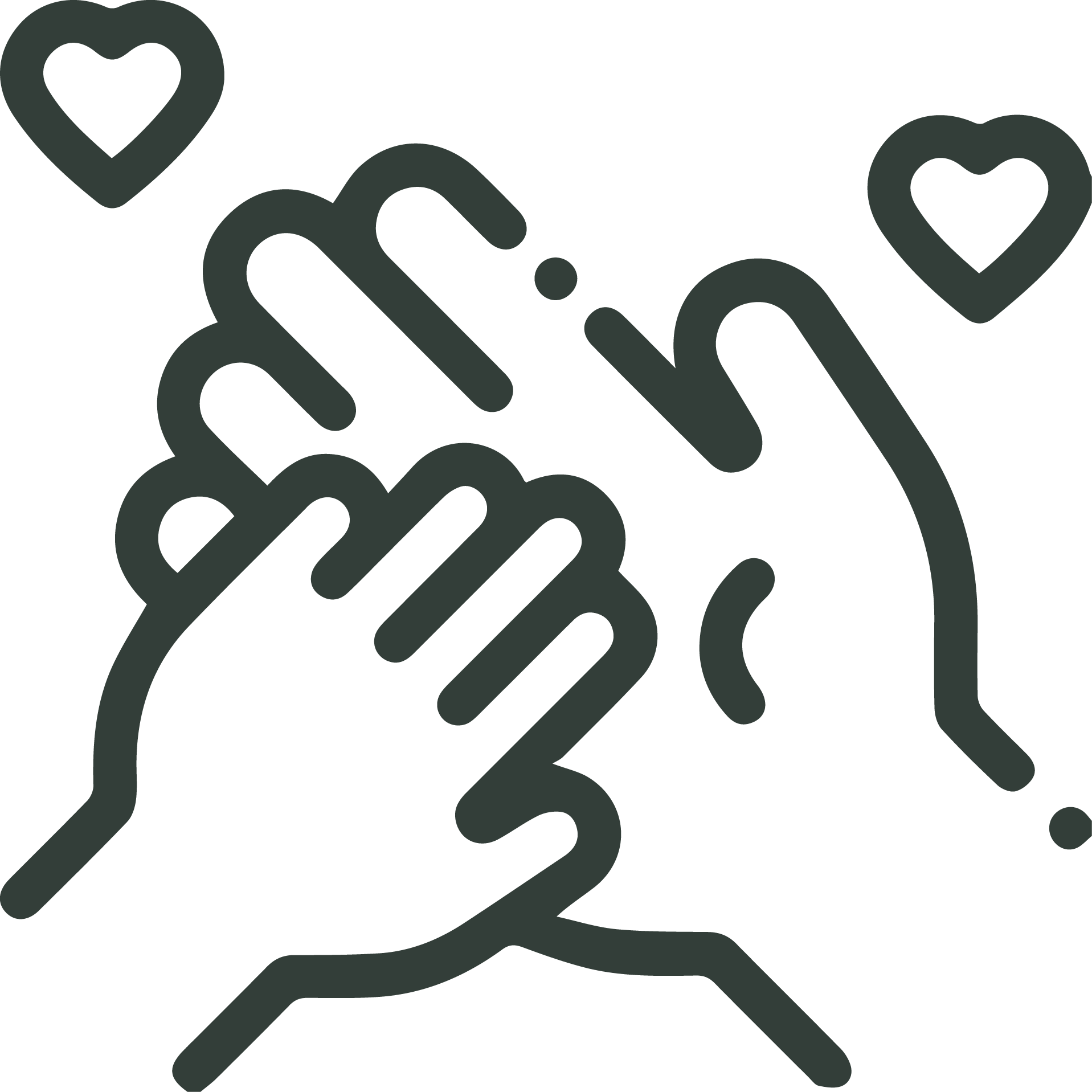 Two hands clasped in a handshake with hearts around, depicted in a line-drawing style.